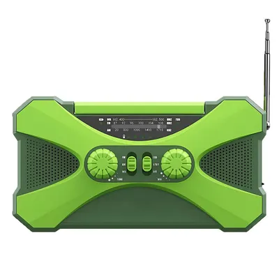 A green emergency radio with an antenna extended, shown against a white background.