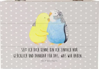Produktbild von Mr. & Mrs. Panda Holztruhe Wellensittich Liebe 22 x 15 cm - Grau Pastell - Geschenk, Ehe, fotobox, Dankbar, Aufbewahrungsbox aus Holz, Box, schatztruhe, Freundin