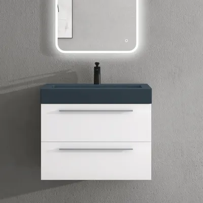 Image de doporro Meuble de Salle de Bains Blanc Mat Ensemble de 2 Pièces Meuble Suspendu avec Lavabo 73 cm Design Quadratto