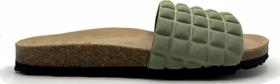 Produktbild von Damen Pantoletten in Olivgrün, gefertigt aus veganem Textil mit 3D-Struktur