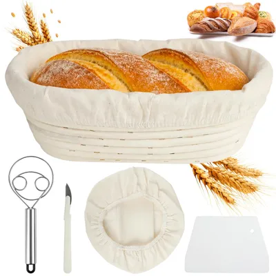 Imagen del producto de Cesta ovalada, hecha de ratán natural, de 25 x 15 x 8 cm, con raspador, ideal para hornear pan