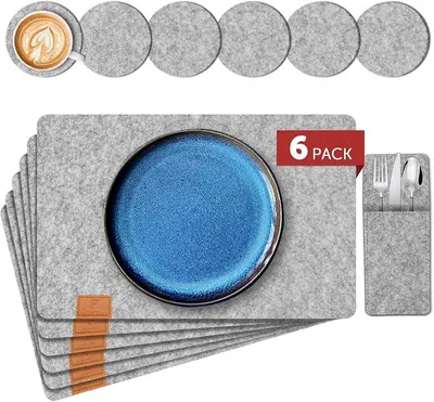 Produktbild von PolkaHome® Platzsets aus Filz, 18-teilig, abwaschbar, hitzebeständig, rutschfest, 44 x 31 cm, hellgrau