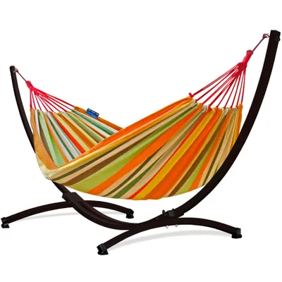 Produktbild von Potenza Outdoor Hängematte mit Gestell für 2 Personen I Baumwolle Doppelhängematte XXL 220x160, 200kg I Braun Hängemattengestell 220kg, wetterfest