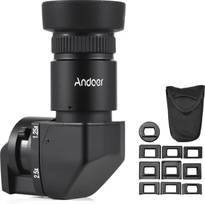 Zdjęcie produktu dla Andoer - celownik do aparatu, powiększenie 1,25x/2,5x, celownik kąta prostego z 10 adapterami montażowymi, zamiennik dla aparatów Canon, Nikon, Pentax, Olympus, Leica, Fujifilm (aparaty DSLR)