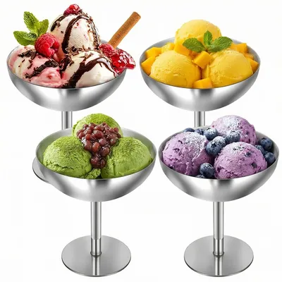Produktbild von 4er-Set Edelstahl-Dessertbecher, 240 ml, hohe Sockelbasis, langlebig, lebensmittelecht, ideal für Eis, Mousse, Pudding und Obst, spülmaschinenfest