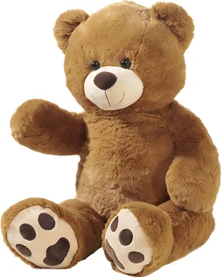 A brown teddy bear sitting down with its left paw raised.