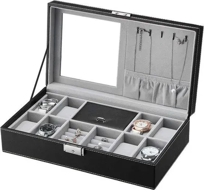 Produktbild von Famanu Uhrenbox mit Spiegelhaken - Schwarz - Aufbewahrungsbox für 8 Uhren