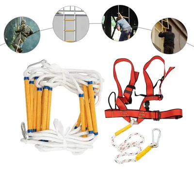 Immagine prodotto di Scala antincendio - Scala a corda - Lunghezza 10 m - 2 ganci - Con imbracatura di sicurezza - Portata 200 kg - Per finestre/balconi - Montaggio a sospensione