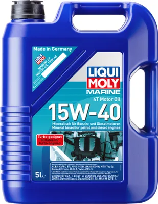 A blue plastic container of Liqui Moly Marine 4T Motor Oil 15W-40.