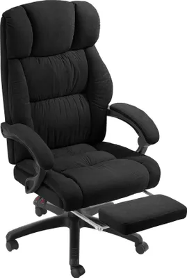 A black office chair with a footrest, shown from a three-quarter angle against a white background.