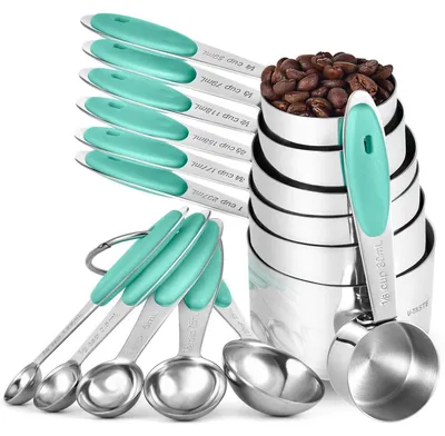Produktbild von Messbecher und Messlöffel Set 12 Stück Aqua Sky 18/8 Edelstahl mit Silikon Griffen