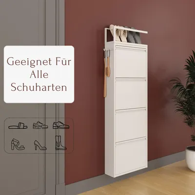 Produktbild von Furni24 Metall Schuhschrank Weiß schmal – Schuhkipper 4 Klappen mit Pantoffelregal & Hakenleiste, platzsparender Schuhschrank Flur, komplett vormontiert