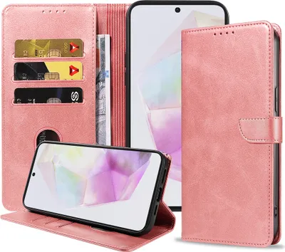 Produktbild von Passend für Samsung Galaxy A35 Handyhülle Kunstleder mit magnetischer Lippe und Kartenhalter Buchhülle mit Klappe - Pink - Smartphonics