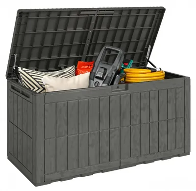 Image de Coffre de jardin pour l'extérieur - Boîte de rangement - Volume de 440 litres - Fabriqué en plastique étanche - Couvercle verrouillable avec amortisseurs à gaz - Couleur marron