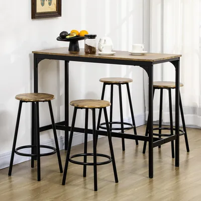 Image de Ensemble de bar 5 pièces style industriel, table haute avec 4 tabourets de bar, MDF aspect bois et métal, noir-marron | 110 x 50 x 89,5 cm | 4 personnes