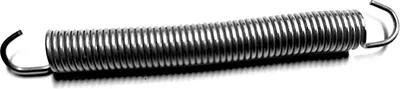 A metal spring with hooks on either end, isolated on a white background.