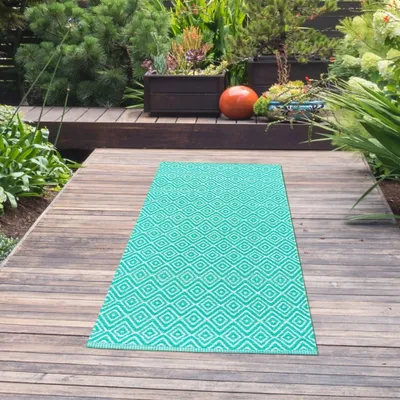 Produktbild von Kunststoff-Teppich mit Rautenmuster | Outdoorteppich in petrol Größe - 90 x 300 cm