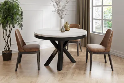 Produktbild von Runder Ausziehbarer Esstisch in Weißer Marmoroptik - Tisch im Loft-Stil mit Metallbeinen - Industrieller Tisch für Wohnzimmer - Spacesaver - Marmor Weiß - 100 bis 180 cm