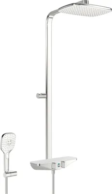 A modern shower system with a rain shower head and a handheld shower head, mounted on a white background.