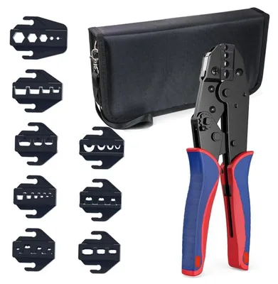 Image de Kit de pinces à sertir, 8 pièces, avec outil à cliquet pour sertir des cosses et des embouts de câble