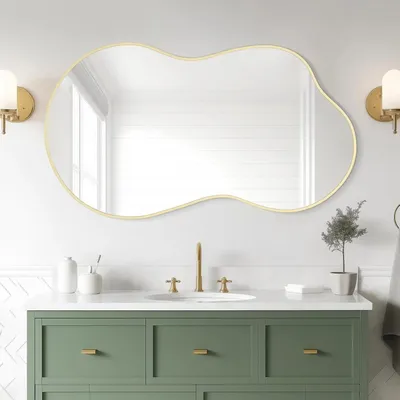 Produktbild von Wandspiegel in Wolkenform - Asymmetrischer Badspiegel - 116x66 cm - Vergrößerungsspiegel - Moderner Dekospiegel - Metallrahmen goldfarben
