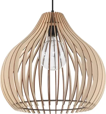 A close-up view of a wooden pendant light.