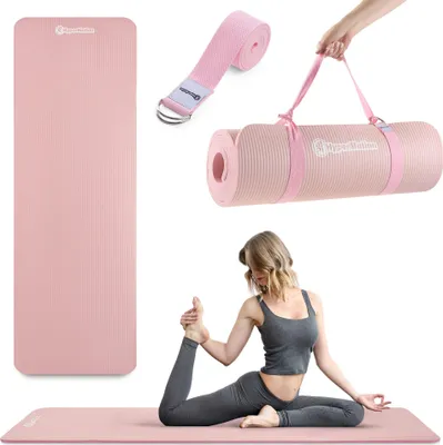 Obrázek produktu pro Jogamatka HyperMotion NBR 183 x 61 x 1,5 cm růžová – extra silná 15 mm fitness podložka s popruhem na přenášení a jogamatkou, protiskluzová gymnastická podložka pro jógu, pilates a relaxaci
