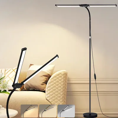 A floor lamp with two adjustable heads is shown in a living room setting, with a sofa in the background. Smaller images at the bottom show different lighting modes.