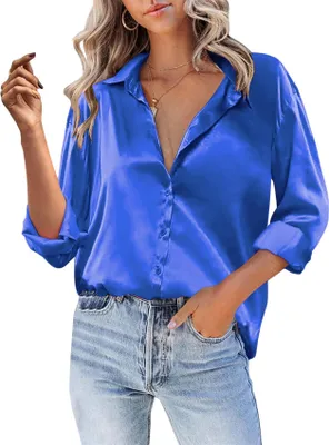 Produktbild von ASKSA Damen Satin Bluse V-Ausschnitt Hemde Elegant Knoepfen Oberteile Casual Einfarbig Tunika Langarmshirt (Koenigsblau,XL)