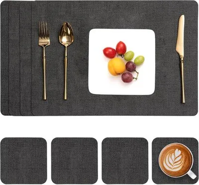 Productafbeelding van Famanu placemats, wasbaar, met onderzetters, kunstleer, antislip, grijs, set van 4