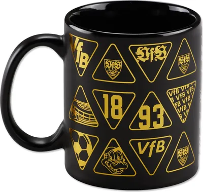 Obrázok produktu pre Hrnek VfB Stuttgart Metallic Logo čierno-zlatý z keramiky, oficiálny fanúšikovský hrnček so zlatými klubovými logami