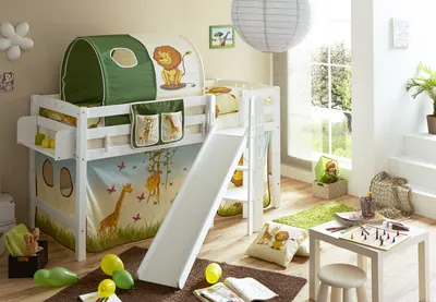 Produktbild von Podestbett mit Rutsche "Tino" Buche Weiß Motiv (Safari)