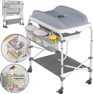 Produktbild von UISEBRT Faltbar Wickeltisch mit Rollen, Wickelauflage und Wickelkommode, Kompakte Babymöbel, Praktisches Wickelregal für das Babyzimmer