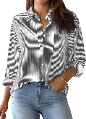 Produktbild von ASKSA Damen Bluse Streifenbluse Langarm Hemden Elegant Casual Hemden Arbeit Hemd Oberteile Tops mit Tasche (Schwarz,S)