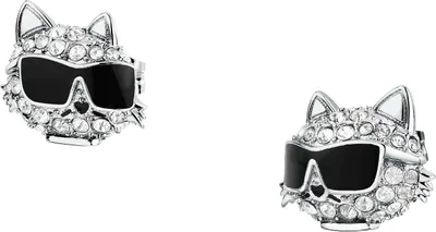 Two identical earrings shaped like cat faces wearing sunglasses, displayed against a white background.