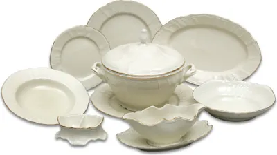 Produktbild von Speiseset Porzellan, Goldstreifen, Elfenbein, Thun, 25 Stück