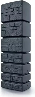A tall, dark grey water butt with a stone-like texture, stacked in sections.