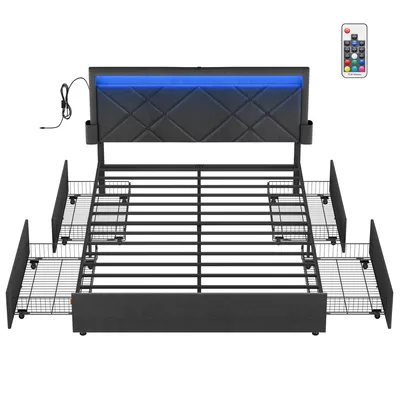 A bed frame with a headboard, mattress support, and storage drawers, shown from a top-down perspective against a white background.