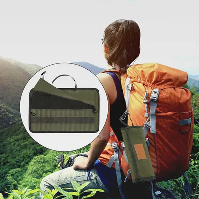 Produktbild von Rolltasche für Campinggeschirr,bestecktasche für unterwegs,Camping besteck,Tasche für Reiseutensilien,Wiederverwendbares Besteck Set, aufrollbare Tasche,Polyester Strohhalme,Essstäbchen