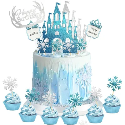 Immagine prodotto di Set per decorare torte a tema fiocchi di neve con castello, ideale per compleanni e feste, composto da 44 pezzi