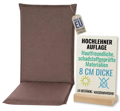 Produktbild von Pillows24 - Hochlehner Auflagen 120x50x8 cm | Bequeme & Wetterfeste Gartenstuhlauflagen | Polster Sitzkissen für  Gartenmöbel |   EU | Braun