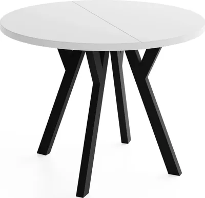 Produktbild von Runder Ausziehbarer Esstisch im Loft-Stil XXL Groß – Verlängerbarer Tisch mit Schwarzen Holzbeinen – Platzsparender Esstisch für Wohnzimmer – Weiß – 100 bis 300 cm