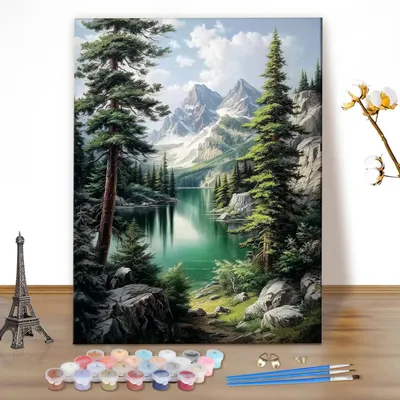 Produktbild von Malen nach Zahlen Set Berglandschaft 40x50cm Leinwand Acrylfarben Pinsel Haken
