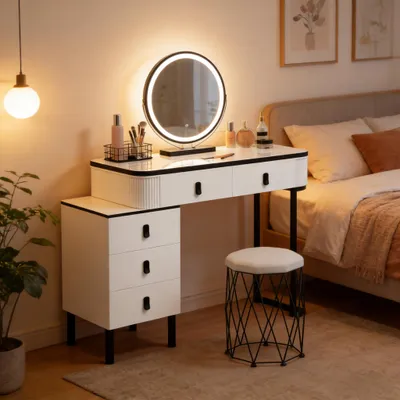 Imagen del producto de Escritorio elegante, mesa de tocador elegante con taburete de maquillaje, mesa de tocador con cajón, escritorio (solo con mesa de tocador y taburete de maquillaje)