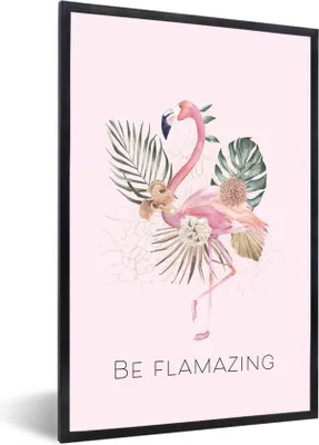 Produktbild von MuchoWow® MuchoWow® Gerahmtes Poster Flamingo - Blumen - Zitate 40x60 cm - Poster mit zchwarzem Bilderrahmen - Papierdruck - Wandbilder