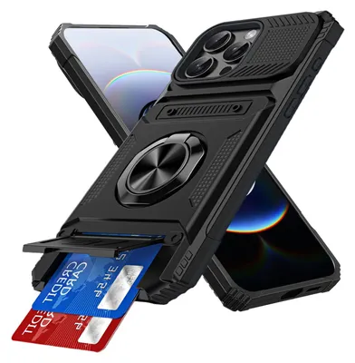 Produktbild von Dual Layer Hülle für iPhone 13 Pro Max /iPhone 12 Pro Max mit Kartenhalter, Magnetische Ring Ständer Militärschutz Stoßfeste Handyhülle Schwarz