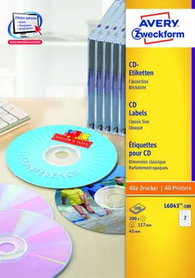 Produktbild von Avery Zweckform L6043-100 CD-Etiketten, Ø 117 mm, 100 Blatt/200 Etiketten, weiß