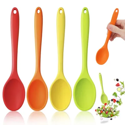 Produktbild von Antihaft Silikon Löffel - Hitzebeständiger Kochlöffel mit langem Griff - 4 Stück - 20,4 cm