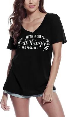 Produktbild von Damen Grafik T-Shirt V-Ausschnitt Bei Gott sind alle Dinge möglich – With God All Things Are Possible – Öko-Verantwortlich Vintage Jahrgang Kurzarm