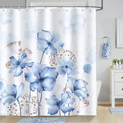 Produktbild von Famanu Duschvorhang mit Blumen - wasserabweisend und schimmelresistent - Polyester - waschbar - Duschvorhang mit 12 Haken